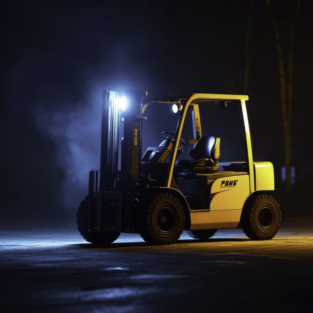 A vibrant scene featuring a forklift in action on a factory floor at night, showcasing bright lights, industrial atmosphere, and a focus on transport operations.