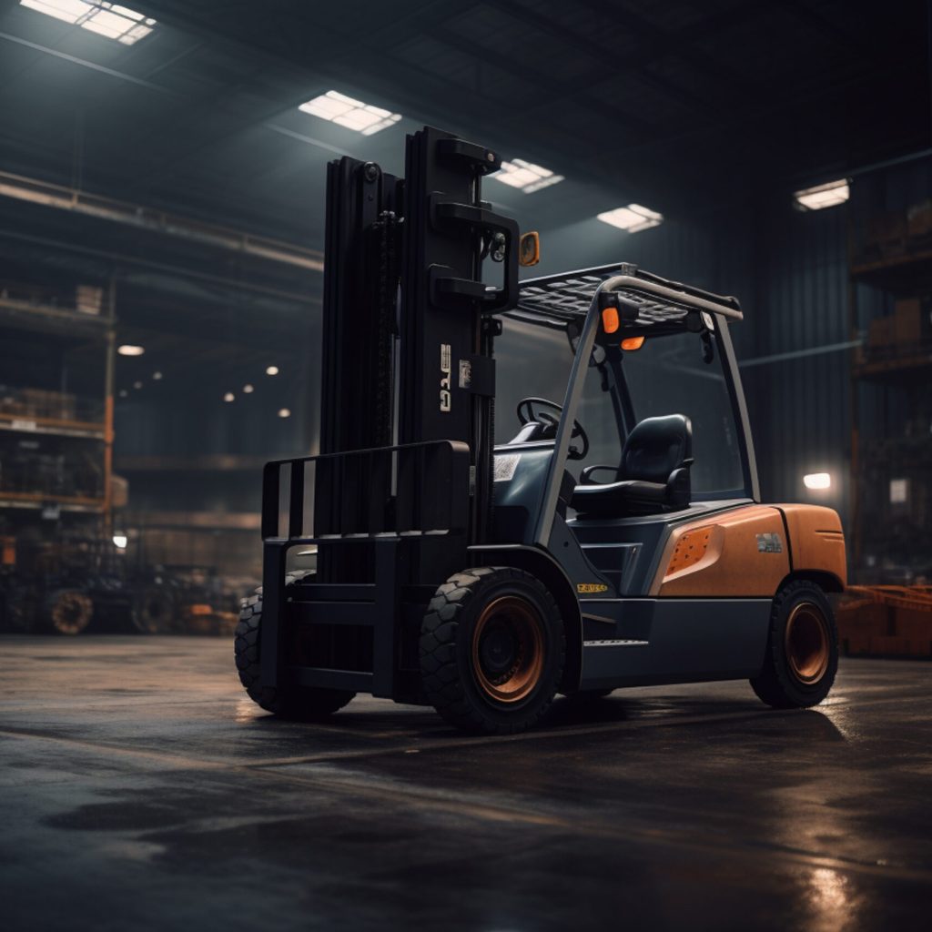 a forklift truck in the warehouse bokeh style background