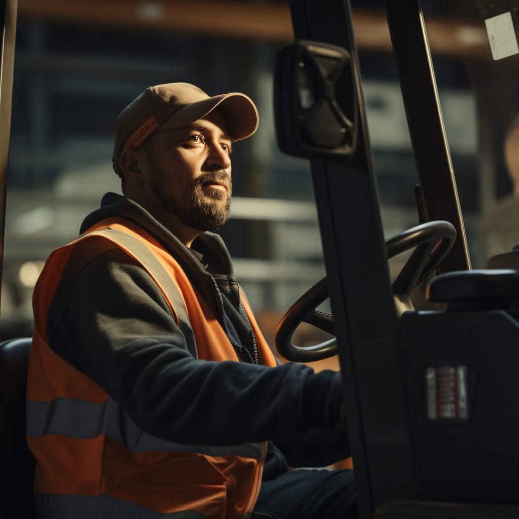 Man in an orange vest driving a forklift Generative AI